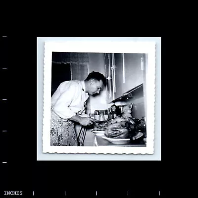 Vintage Square Photo MAN IN KITCHEN CARVING TURKEY • $20