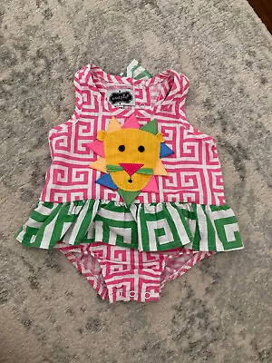Mud Pie Infant Girl Pink White One Piece Romper Appliqued Lion 9-12 Months Zoo • $17.99
