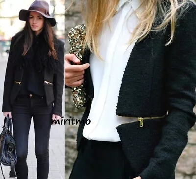 A814 Zara Woman Black Blazer Boucle Fantasy With Gold Zips Coat Jacket Large - L • $109.99