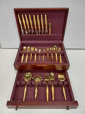 Eldan Gold Tone 74pc Flatware Set In Wood Case • $46