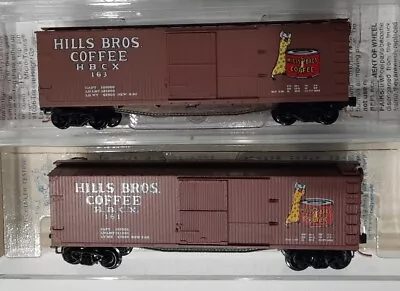 (2) MICRO TRAINS N Scale 42551 & 42100 Hills Bros Coffee HBCX Sheathed Box Cars  • $25