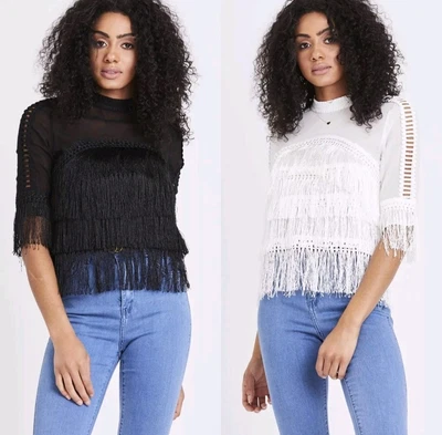 £12.99 • Buy New Women Ladies Summer Chiffon Short Sleeve Ruffle Fringe Tassel Top Blouse
