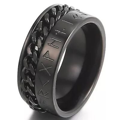 Black Viking Rune Chain Spinner Ring Stainless Steel Celtic Anti-Anxiety Band • $18.99