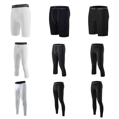 Mens Compression Pants Running Workout Tights Base Layer 3/4 Yoga Tights Capris • $10.89