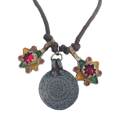 Vintage Moroccan Amulet Kabyle Berber Jewelry Enamel Red Stone Pendant Necklace • $65.99