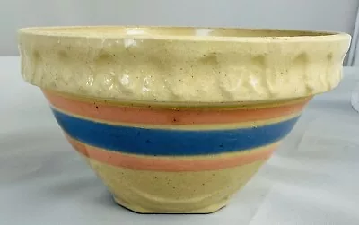 Early McCoy Pottery Yellow Ware Pink Blue Stripe Bowl Pie Crust Rim USA 5.5” Vtg • $18.99