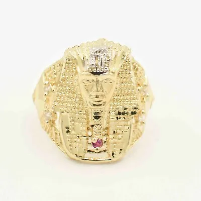 Men's Textured Pharaoh With CZ And Ruby Ring Real Solid 10K Yellow White Gold • $401.49