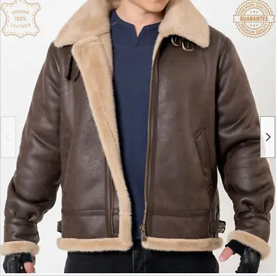 100% Sheepskin Brown Bomber US Navy Flight RAF Shearling Aviator Pilot Jacket • $179.99