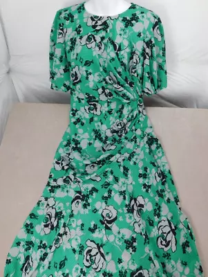 ASOS Puff Sleeve Ruched Green Floral Midi Dress Sz 8 • $28.99