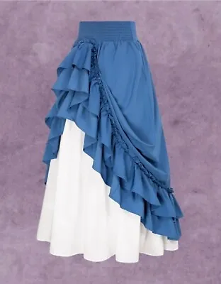 New Steampunk Victorian Blue White Bustle Button Long Maxi Skirt Size 2XL 18 20 • $77.54