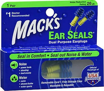 Mack's EAR SEALS Earplugs W Detachable Cord For NOISE & WATER ( 1 Pair )*** • $8.39