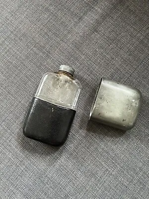 Vintage James Dixon & Sons Hip Flask Leather Glass Pewter Screw Top Bottle  • £25