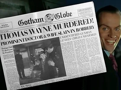 1989 Batman Gotham Globe Newspaper Movie Prop   Thomas Wayne Murdered   Replica • $30