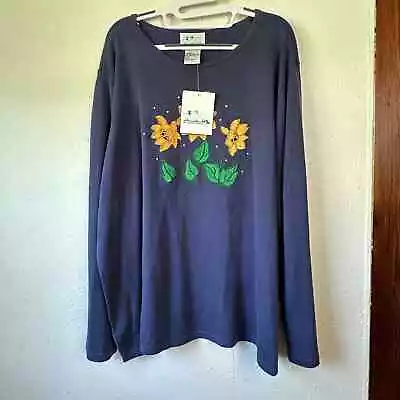 The Quaker Factory Blue Embroidered Vintage Sunflower Sweater Size 2X NWT • $39.99