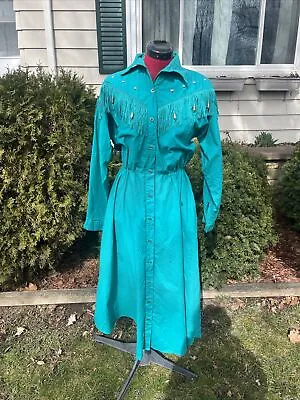 80s Vintage Western Dress Saisa Brand Rodeo Country Vtg Fringe Turquoise • $65