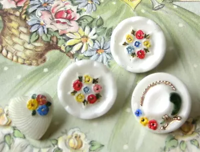 4 Lovely Vintage Hat Heart Flower Glass Buttons W Colorful Hand-Painted Flowers • $8