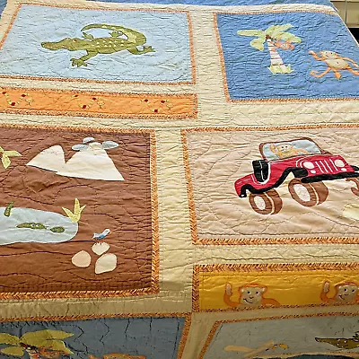 Cotton Jungle Twin Quilt Monkeys Alligators Jeep Palm Tree Safari Snakes Vintage • $49.99