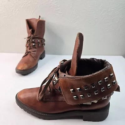 Zara Woman Combat Grunge Boots Sz 8 Brown  Leather Spike Studded Buckle Booties • $34.99