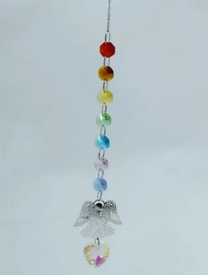 Stunning Chakra Crystal Suncatcher With Hanging Silver 3D Angel & Crystal Heart • £6.50