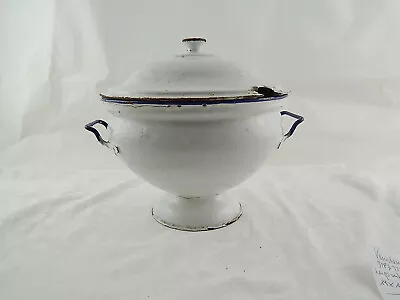 Antique Soup Tureen IN Metal Enamel White Blue Country Chic Enamel Tureen • $43.39