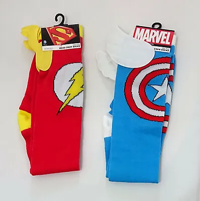 DC MARVEL SUPERHERO KNEE SOCKS W/ WINGS CAPTAIN AMERICA Or THE FLASH Mens Ladies • £9.95