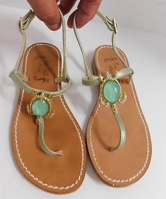 Miss Trish Of Capri Jeweled Turtle Green Metallic Leather Flat Sandals 35.5 • $109.99
