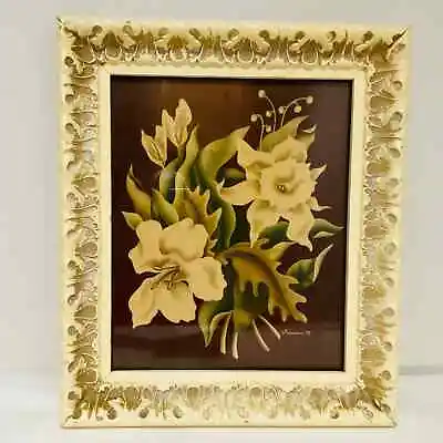 Mid Century Turner Floral Print Original Frame Maroon & Creamy White Signed • $36.75