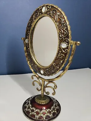 Cosmetic Make Up Mirror With Stand Red With Clear Jewels And Enameling-Women-EUC • $13