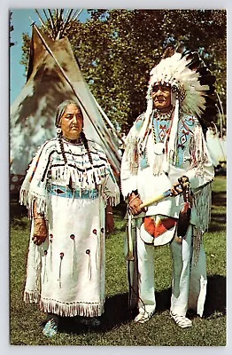 Montana~Blackfoot Indians~Chief Bull & Mrs. Bull~Ceremonial Dress~VTG Postcard • $8.75