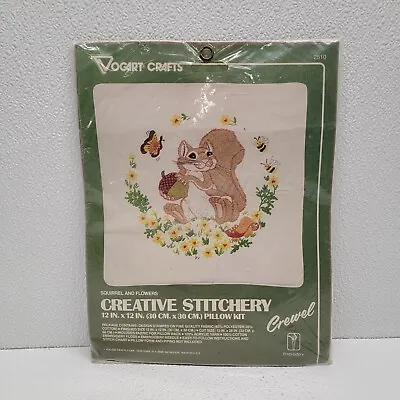 Vintage 1982 Vogart Creative Stitchery Pillow Kit Squirrel And Flowers 12  X 12  • $13.41