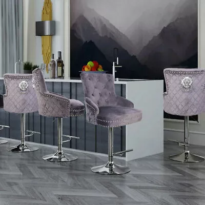 Grey Velvet Bar Stool Lion Knocker Chrome Base Quilted Deep Button Swivel Chair • $185.96