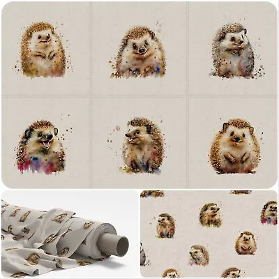 HAPPY HEDGEHOGS Linen Look Cotton Fabric - CUSHION PANELS And By The Metre • £10.95