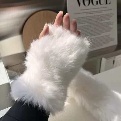 Women's Real Rabbit Rex Fur Gloves Knitted Stretch Fingerless Warm Mitten Gloves • $33.98