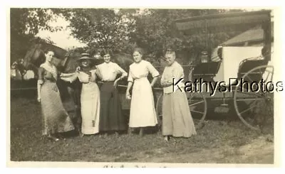 Found B&w Photo H_2399 5 Women Stand In Front Of Horse Drawn Surrey Fringe Ontop • $6.98