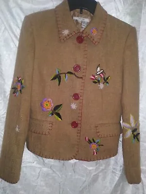 Vintage Women's Zara Embroidered Linen Blend Lined Jacket Sz M • $38.99
