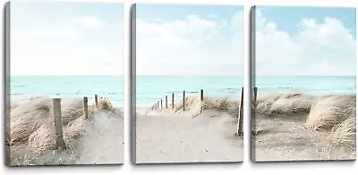 3 Piece Large Canvas Bedroom Wall Art Beach Blue Sea Blue Sky Print Picture Fram • $131.10