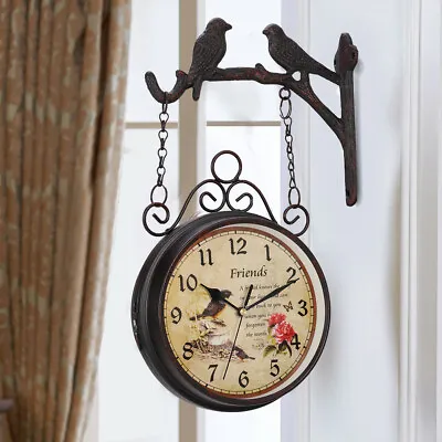 £21.94 • Buy Outdoor Garden Wall Clock Double Sided Station Clock Metal Birds Decor Bracket