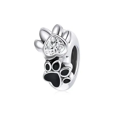 💖 Paw Prints Charm Stopper Spacer Genuine 925 Sterling Silver Cat Dog • £15.99