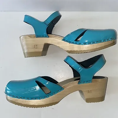 Sven Wood Platform Clogs Womens Patent Leather Neon Blue  Chunky 41 EU / 10.5 US • £120.53