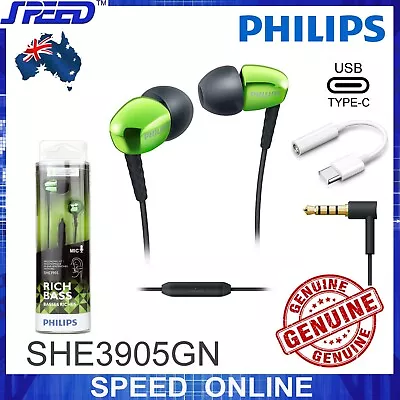 PHILIPS SHE3905GN Headphones Earphones With Mic - 3.5mm & IPhon15 USB-C - GREEN • $50