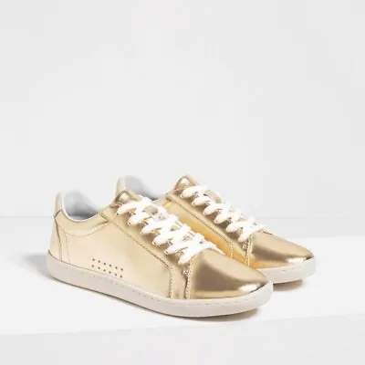 NWT Zara Women TRF Collection Laminated Plimsolls Gold Sneakers SZ US 6.5/EUR 37 • $19.99
