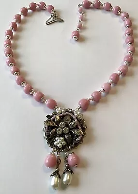 Vintage Miriam Haskell Signed Pink Baroque Bead And Pendant Necklace • $249
