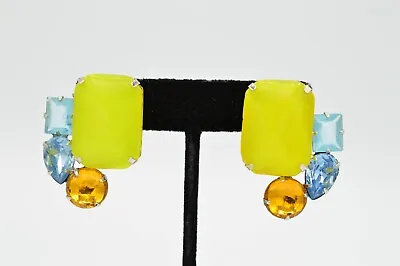 Vintage Cabochon Clip Earrings Yellow Blue Rhinestone Crystal Prong 1980s W5 • $15.96