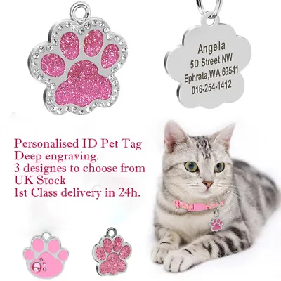 £3.99 • Buy PET ID TAGS DOG Puppy CAT Kitten Address/Name Disc ENGRAVED PERSONALISED Paw Tag