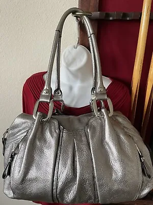 B. Makowsky Pewter Metallic Leather Shoulder Bag Hobo Purse Multi Pockets • $29.99