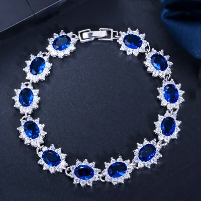 £7.42 • Buy Royal Blue Big CZ Stone Big Oval Flower Charm Bracelet For Bridesmaid Pageant
