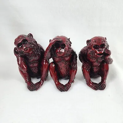 Red Resin Monkey Figures 5   See Hear Speak No Evil Vtg 3 Wise  Ape Statue Decor • $10.39