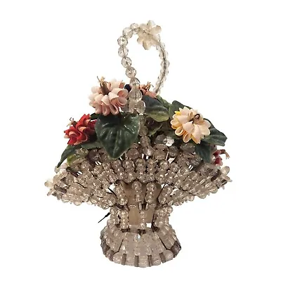 Vintage Safety Pin Clear Bead Basket With Handmade Fabric Flowers 6 Inch • $21.95