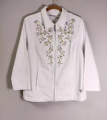 Quaker Factory Dream Jeannes White Zip Jacket Pastel Embroidery Rhinestones M  • $16.99