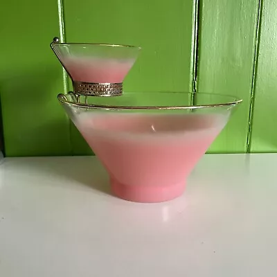 Vintage Mcm Blendo Usa Made Glass Pink Frosted Chips & Dip W/ Gold Trim Bowl Set • $80